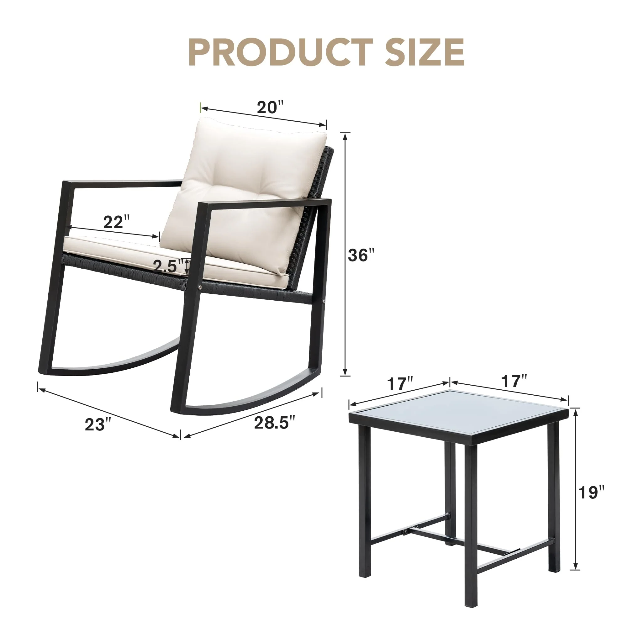 Devoko 3 Piece Rocking Bistro Set with Glass Coffee Table